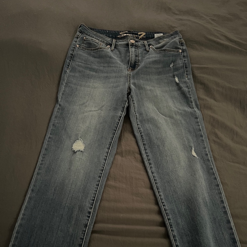 Seven Cropped Distressed Wide Fray Hem Jeans